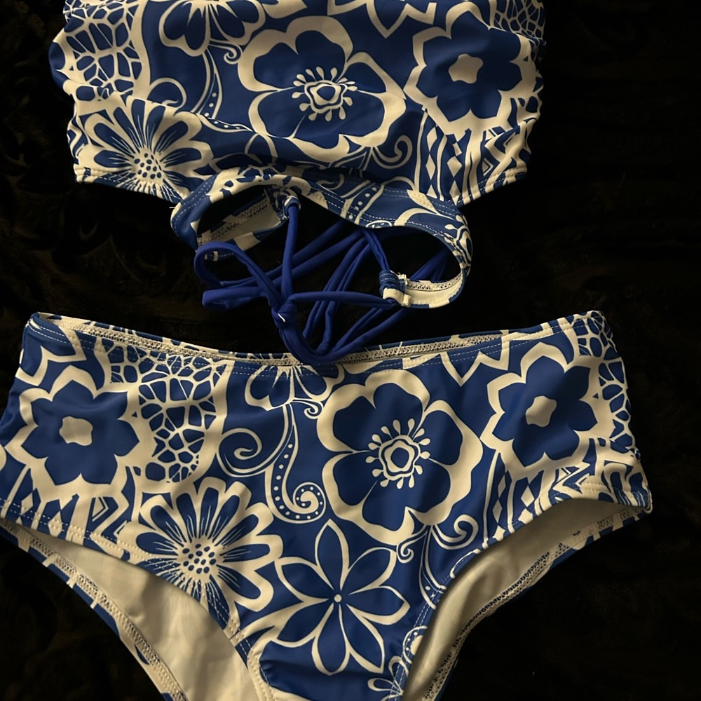 Blue and White Floral Swimsuit